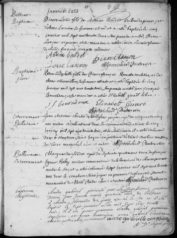 Paroisse Sainte Madeleine : baptêmes (naissances), mariages, sépultures (décès) (1er janvier - 31 janvier 1733)