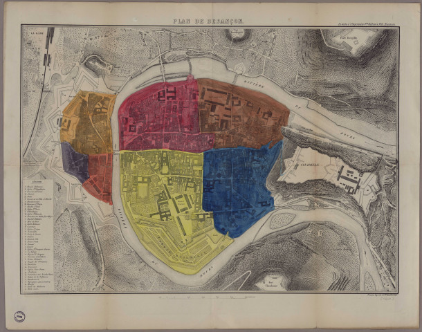 Plan de Besançon, avec matérialisation en couleur des 7 anciennes bannières de la ville.