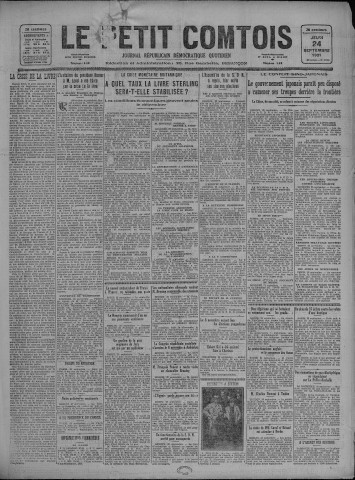 24/09/1931 - Le petit comtois [Texte imprimé] : journal républicain démocratique quotidien