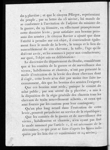 Extrait du registre des arrêtés du Directoire du département du Doubs, à la séance publique du 29 Ventôse, 2e année de la République