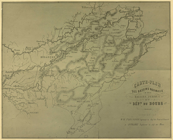 Carte-plan des bassins normaux et des bassins fermés du département du Doubs. Dressée par MM. Parandier et Duhamel. [Document cartographique] , 1900/1999