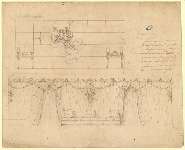 Versailles [Dessin] : Bals : Décoration pour un buffet de bal. Portion d'un côté de salle de bal avec banquettes et portes en draperies , 1750/1799