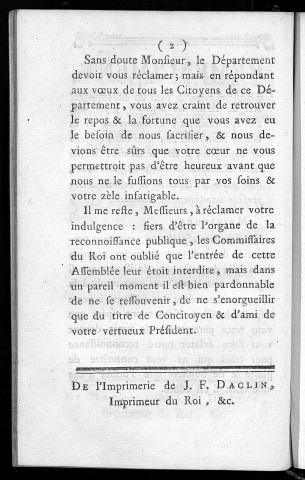 Remerciement prononcé en la Salle de l'Assemblée de MM. les Electeurs, par M. de Narbonne...au nom des citoyens de Besançon, à M. le Maire, sur son refus d'accepter dans le département, une place à laquelle il venoit d'être presque unanimement nommé. nommé
