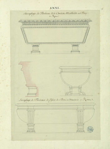Sarcophage du tombeau de la comtesse Mathilde à Saint-Pierre de Rome. Sarcophage de tombeaux de l'église de San-Pietro-in-Montorio à Rome / Pierre-Adrien Pâris , [S.l.] : [P.-A. Pâris], [1700-1800]
