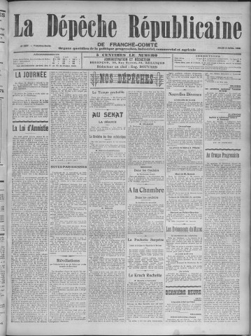 02/04/1908 - La Dépêche républicaine de Franche-Comté [Texte imprimé]