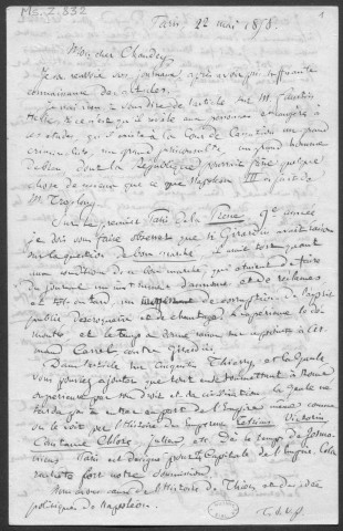 Ms Z 832 - Pierre-Joseph Proudhon. Lettre à Gustave Chaudey. Paris. 22 mai 1858.
