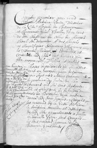Comptes de la Ville de Besançon, recettes et dépenses, Compte de Jacques Antoine Varin (1er juin - 31 décembre 1676)