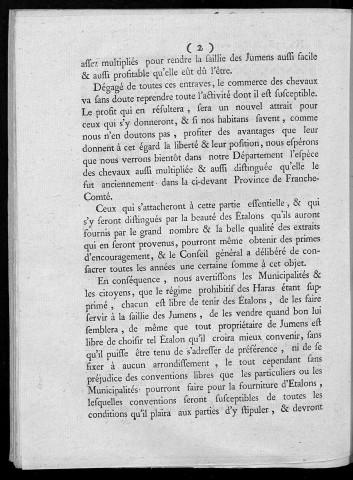 Proclamation du Directoire du département du Doubs, concernant les haras [fait et arrêté le 31 janvier 1791]
