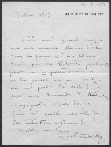 Ms Z 628 - Colette. Lettre à son éditeur, le Mercure de France. S.l., 5 mars 1907