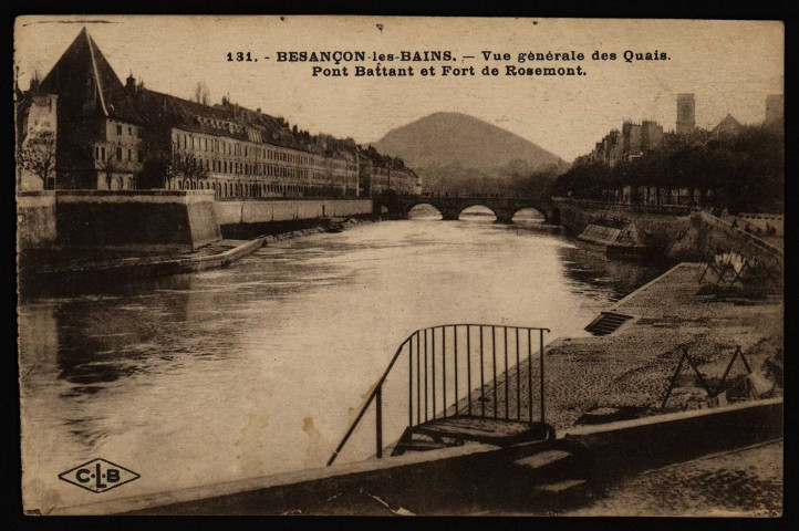 Besançon-les-Bains. Vue générale des Quais. Pont Battant et Fort de Rosemont [image fixe] , Besançon : Etablissements C. Lardier, 1914/1930