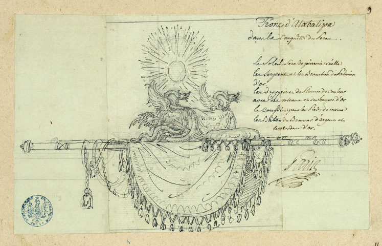 Trône d'Atabalipa (sic), pour l'opéra de la "Conquête du Pérou". Projet de décor de théâtre / Pierre-Adrien Pâris , [S.l.] : [P.-A. Pâris], [1700-1800]
