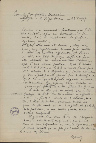 Ecole des Beaux Arts : Fonctionnement, administration, règlement, locaux (projet) ;, réorganisation, règlement de l'école : modification, renseignements fournis par d'autres villes, appellation (1944) Inspection et rapports d'installation, rapports du Directeur ; Locaux : installation de l'éclairage électrique : chauffage des salles de cours dans l'immeuble 19 rue Renan (1921), inauguration de nouveaux locaux ancienne école d'horlogerie (1936). Salle de cours de M. Voitot : transformation ; Notices, renseignement sur l'école ; Réorganisation, règlements, programmes ; Fonctionnement, affaires diverses (1944)