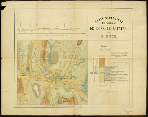 Carte géologique des environs de Lons-le-Saunier , par E. Boyé. Gravé par G. Sire. [Document cartographique] , Besançon : lith.Chalandre., 1875/1900