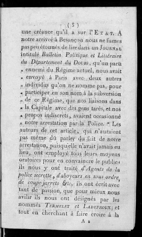 Réponses du citoyen Ladefroux, ci-devant greffier du tribunal correctionnel de Besançon, à un article inséré relativement à lui et au cit. Termelet, ex-commissaire de police, dans le nº IV d'un journal ayant pour titre : Bulletin politique et littéraire du département du Doubs...