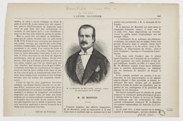 M. le marquis de Moustier, sénateur / d'après une photographie de M. Pierson , Paris : extrait de "L'Année illustrée", 1869