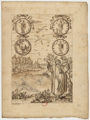 La prière et la natation [Dessin] : (deux circonstances où l'homme met ses bras en croix) / N. Van der Horst f. , 1598/1646