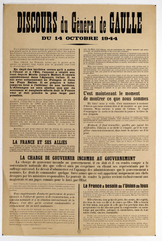 Discours du Général de Gaulle du 14 octobre 1944, affiche