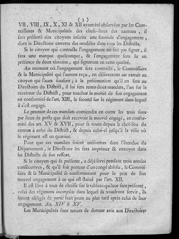 Arrêté en forme d'instruction du Directoire du département du Doubs, pour l'exécution de la loi du 25 janvier dernier relative au mode de recrutement et engagement des troupes de ligne de l'armée française, à la séance du 5 février 1792, l'an 4e de la liberté
