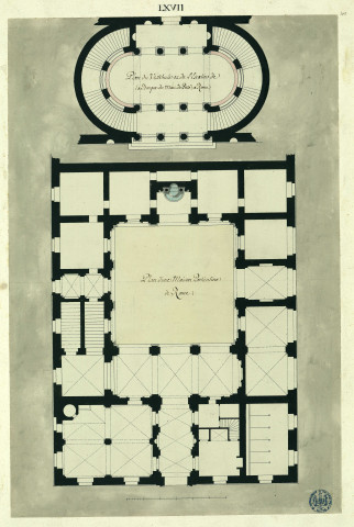 Registre supérieur : plan du vestibule et de l'escalier de la banque du Mont-de-Piété à Rome. Registre inférieur : plan d'une maison particulière à Rome / Pierre-Adrien Pâris , [S.l.] : [P.-A. Pâris], [1700-1800]