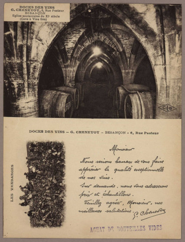 Docks des vins G. Chenevoy, 6, rue Pasteur Besançon Eglise souterraine du XIe siècle (cave à vins fins) , Besançon : C.L.B ; Etablissements C. Lardier, 1915/1930