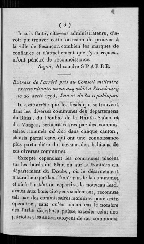 Arrêté de la municipalité de Besançon, à la séance du 18 mai 1793, an 2e de la République, qui ordonne l'impression, et l'affichage d'une lettre du général Sparre, ancien commandant de la 6e division militaire