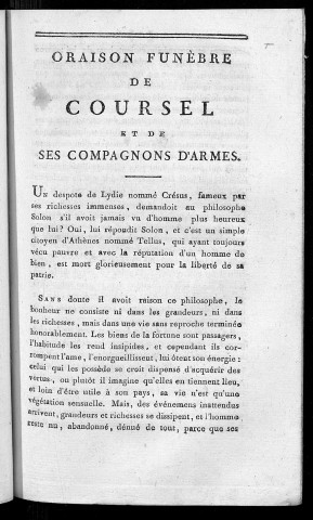 Oraison funèbre de Coursel et de ses compagnons d'armes, prononcé par Jean Viénot, adjudant général de la 6e division le 20 ventôse, 2e année de la République
