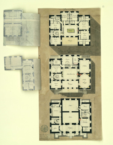 Plan du château de Montendre en Champagne. Plans du 1 er étage, du rez-de-chaussée, des souterrains / Pierre-Adrien Pâris , [S.l.] : [P.-A. Pâris], [1700-1800]