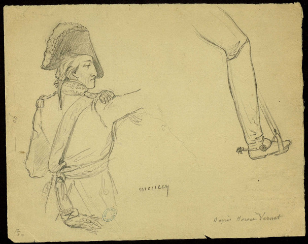 Bon-Adrien-Jeannot de Moncey, maréchal. A mi-corps, vu de dos, le visage tourné de profil vers la droite, le bras droit est esquissé [dessin] / étude d'après Horace Vernet , [S.l.] : [s.n.], [1800-1899]