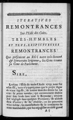 Itératives remontrances sur l'édit des cuirs, arrestées en Parlement. A Besançon, le 17 novembre 1760
