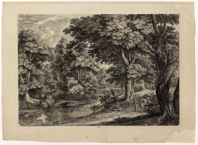 Paysage de fôret et un étang avec femme assise au bord du chemin qui regarde passer les voyageurs avec des chevaux chargés [image fixe] , 1700/1790