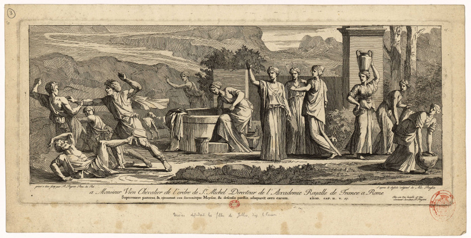 Moïse défendant les filles de Jethro [Image fixe] / gravé à l'eau-forte par P. Peyron Pens du Roi, d'après le dessin original de Nic. Poussin , 1744/1814