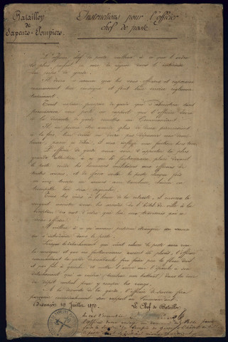 Sapeurs-pompiers de Besançon : - Service des incendies : ordre de service pour les pompiers et gardes-feu, 1er octobre 1809
(2 pièces cartonnées)
-Instructions pour l'officier chef de poste, 19 juillet 1870 (1 pièce cartonnée)
-Lettre de Mr le Général commandant la 7é division militaire à Mr le Maire de la ville de Besançon, 19 juillet 1870 (1 pièce cartonnée)
- Consigne, 29 janvier 1871 (1 pièce cartonnée en 2 exemplaires) -1844-1950 : matériel, consigne et réglement, assurances,...
(contient également : Souvenir de la kermesse du 2 juillet 1911 organisée au bénéfice de la Caisse de Secours et de Retraite du Bataillon, " J'tez nous des Ronds!! ", chansonnette mutualiste ...) Contrôle nominatif, 4 doc. non datés, ( 20é siècle) Caisse de secours et de retraite, 1907-1935, 1 reg. Rapport journalier : 13 août 1950 - 31 décembre 1950, 1 cahier gd format (voir aussi 3H 83 à 3 H 109) 1 photo, n. et bl., 21*29,7, s.d., cortège funèbre Rue de la République à Besançon, années '60 ?
