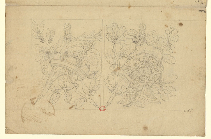 Quatre motifs de décoration [Dessin] : casques, branches de chêne, médaillon , [S.l.] : [s.n.], [1750-1799]