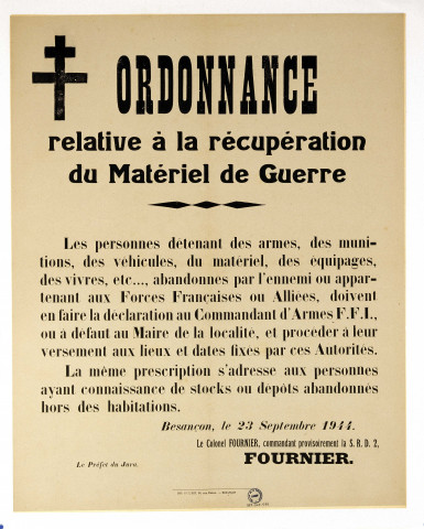 Ordonnance relative à la récupération du matériel de guerre, affiche