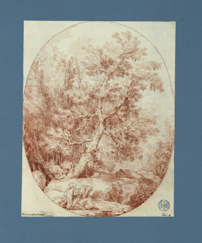 Etude d'arbres, au premier plan : personnage lisant (peut-être un moine), d'après un tableau de Robert / Pierre-Adrien Pâris , [S.l.] : [P.-A. Pâris], [1700-1800]