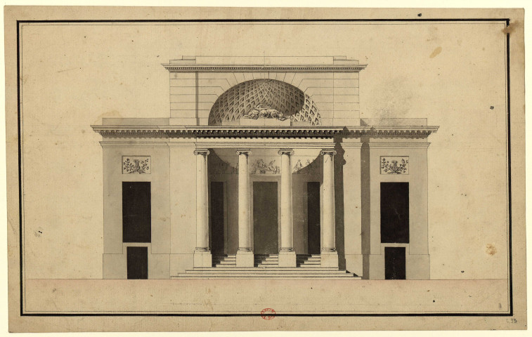 Entrée dans un pavillon avec quatre colonnes ioniques [Pavillon Guimard, rue de la Chaussée-d'Antin. Ledoux] [Dessin] , [S.l.] : [s.n.], [1750-1799]