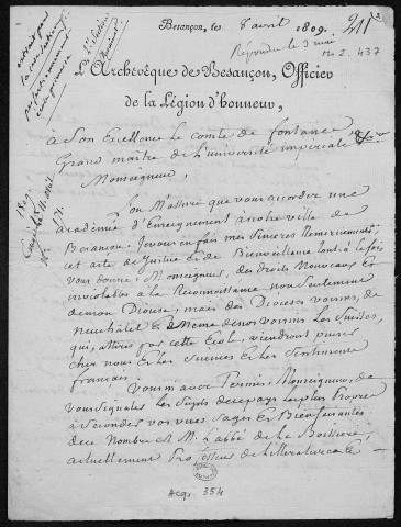Ms Z 437 - Claude Le Coz, archevêque de Besançon. Lettre au marquis de Fontanes, grand maître de l'Université impériale. 8 avril 1809.