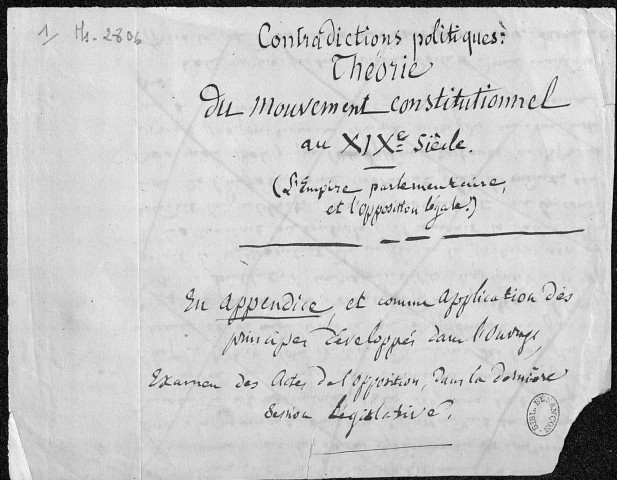 Ms 2806 - Pierre-Joseph Proudhon. Contradictions politiques : Théorie du mouvement constitutionnel au XIXe siècle.