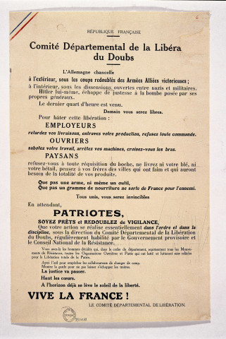Comité Départemental de la Libération du Doubs, affiche