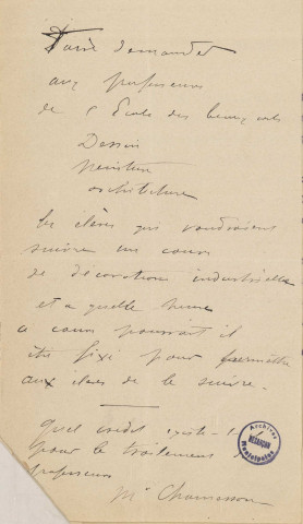 Ecole des Beaux Arts : Enseignement, organisation, cours, programme (dates de rentrée, discipline, horaires, nombre d'élèves ...) ; Bulletins périodiques