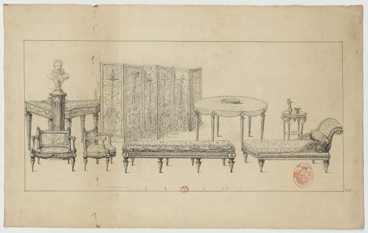 Une table, un sofa, un guéridon, deux fauteuils, une banquette, un clavecin, un paravent, une colonne avec statue, style Louis XVI [Dessin] , 1750/1799