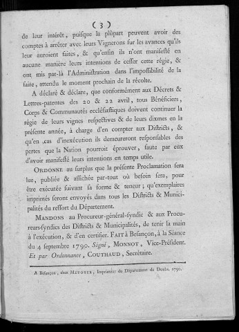 Proclamation du Directoire du Département du Doubs du 4 Septembre 1790