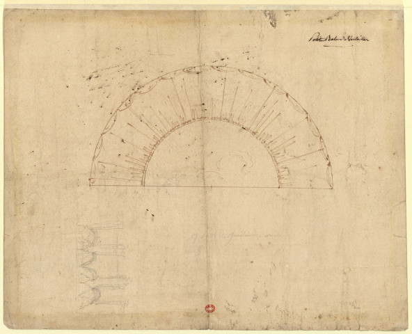 Versailles [Dessin] : Bals : Décoration pour un buffet de bal. Portion d'un côté de salle de bal avec banquettes et portes en draperies , 1750/1799