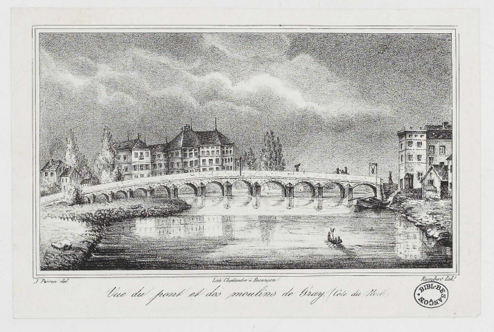 Vue du pont et des moulins de Gray (coté du Nord) [estampe] / J. Perron, delineavit  ; Rambert, lithographe , Besançon : Chalandre, [1800-1899]