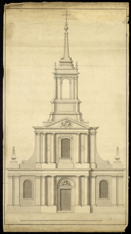 Elévations et face du portail et clocher de l'église paroissiale de Lons-le-Saunier. Dessin inachevé / Nicolas Nicole, architecte , [S.l.] : [N. Nicole], [1722-1784]