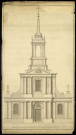 Elévations et face du portail et clocher de l'église paroissiale de Lons-le-Saunier. Dessin inachevé / Nicolas Nicole, architecte , [S.l.] : [N. Nicole], [1722-1784]