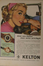 Montres Kelton (Besançon) : encart publicitaire (s.d.) en couleur "Avec une Kelton, vous serez privilégié montrant une femme au volant d'une voiture [années 1950].