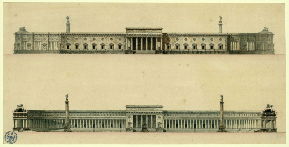 Projet d'un palais public ou hôtel de ville composé à Rome en 1774. Plan. Façades intérieures et extérieures / Pierre-Adrien Pâris , [S.l.] : [P.-A. Pâris], [1774]