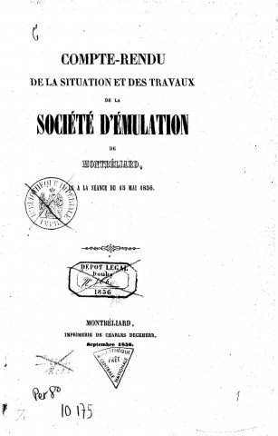 01/01/1856-1857 - Compte rendu de la situation et des travaux de la Société d'émulation de Montbéliard [Texte imprimé]