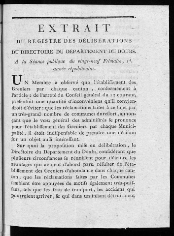 Extrait du registre des délibérations du Directoire du département du Doubs, à la séance publique du 29 Frimaire 2e année républicaine